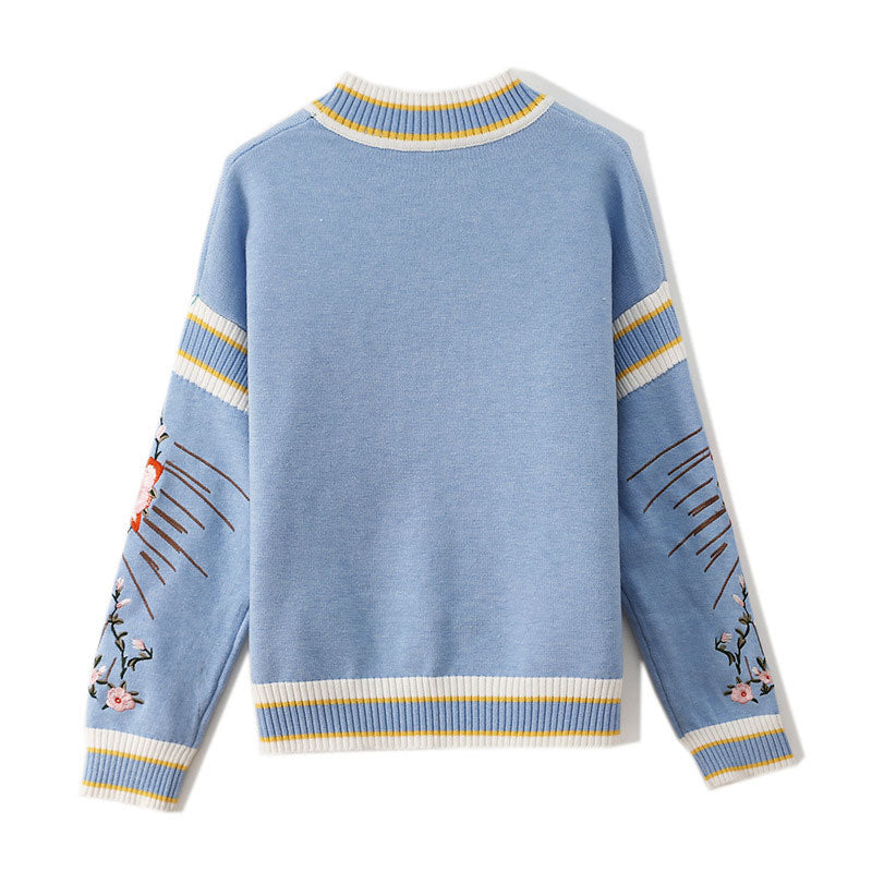 Cute Blue Floral Crown Embroidered Crew Neck Drop Shoulder Pullover Sweater