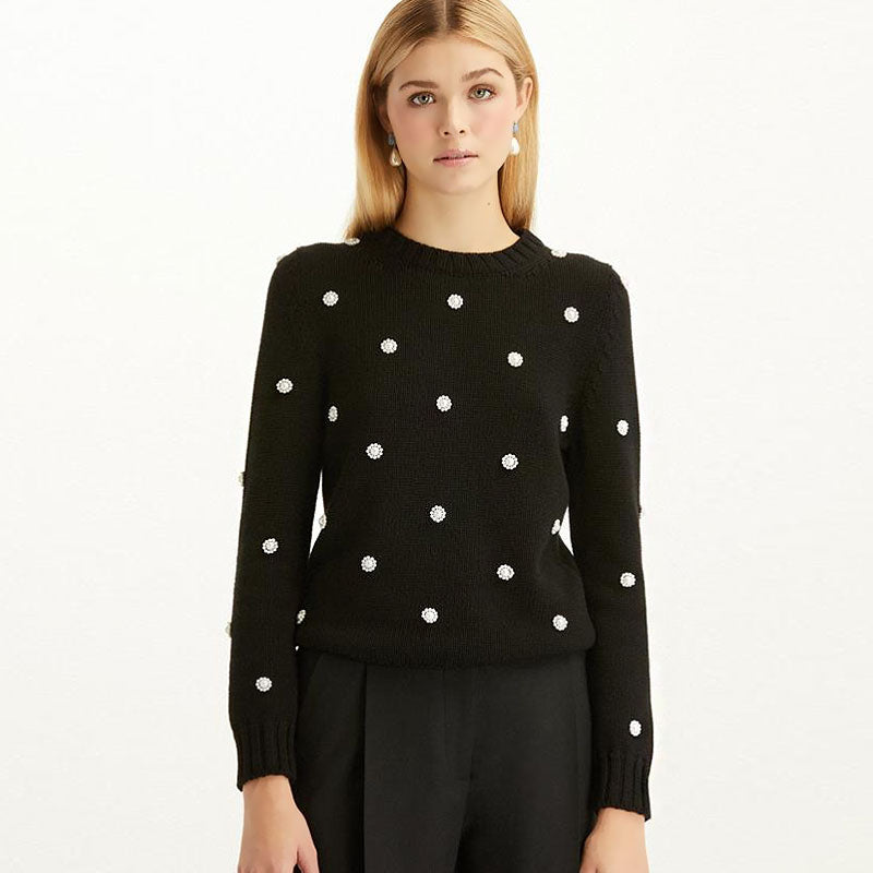 Elegant Black Polka Dot Print Puff Sleeve High Neck Pullover Sweater