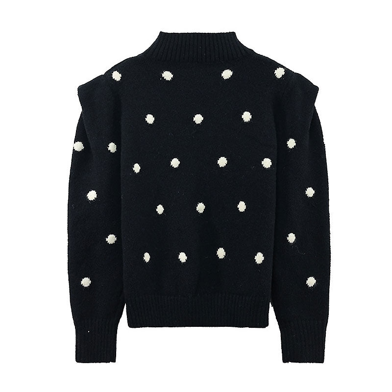 Elegant Black Polka Dot Print Puff Sleeve High Neck Pullover Sweater