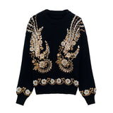 Luxury Black Sequin and Pearl Embroidered Crew Neck Drop Shoulder Sweater