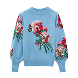 Romantic Blue Floral Jacquard Knit Crew Neck Bishop Sleeve Pullover Sweater