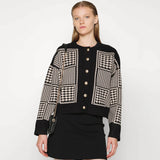 Gold Tone Black Button Houndstooth Plaid Print Crew Neck Cropped Cardigan