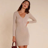 Elegant Scalloped V Neck Long Sleeve Rib Knit Half Button Fitted Mini Dress