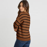 Airport Style Collared V Neck Apricot and White Striped Sweater