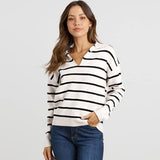 Airport Style Collared V Neck Apricot and White Striped Sweater
