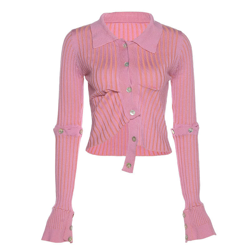 Asymmetric Button Up Collared Flare Sleeve Pink Rib Knit Crop