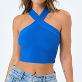 Basic Solid Color Cross Over Cropped Rib Knit Halter Top