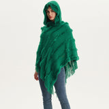 Bohemian Fringe Faux Fur Batwing Sleeve Green Hooded Knit Poncho Sweater