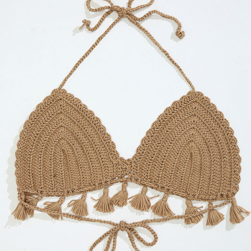 Bohemian Khaki Macrame Tassel Crochet Knit Halter Triangle Bikini Top