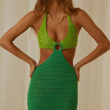 Bohemian Ring Detail Halter Neck Cutout Bodycon Crochet Knit Maxi Dress