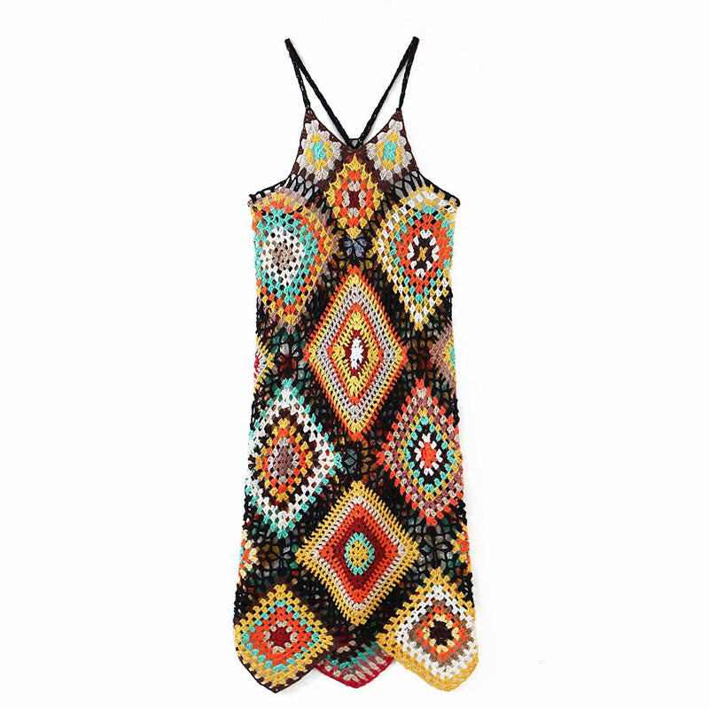 Bohemian Sleeveless Open Back Contrast Granny Square Crochet Knit Midi Dress