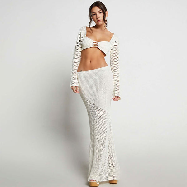 Boho White Crochet Knit Bell Sleeve Crop Top and Maxi Skirt Matching Set