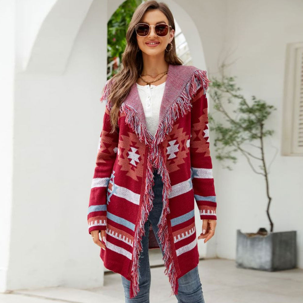 Boho Fringe Trim Open Front Hooded Geometric Jacquard Knit Cardigan Fox Sweaters