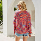 Boho Multicolored Round Neck Space Dye Cable Knit Pullover Sweater