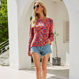 Boho Multicolored Round Neck Space Dye Cable Knit Pullover Sweater