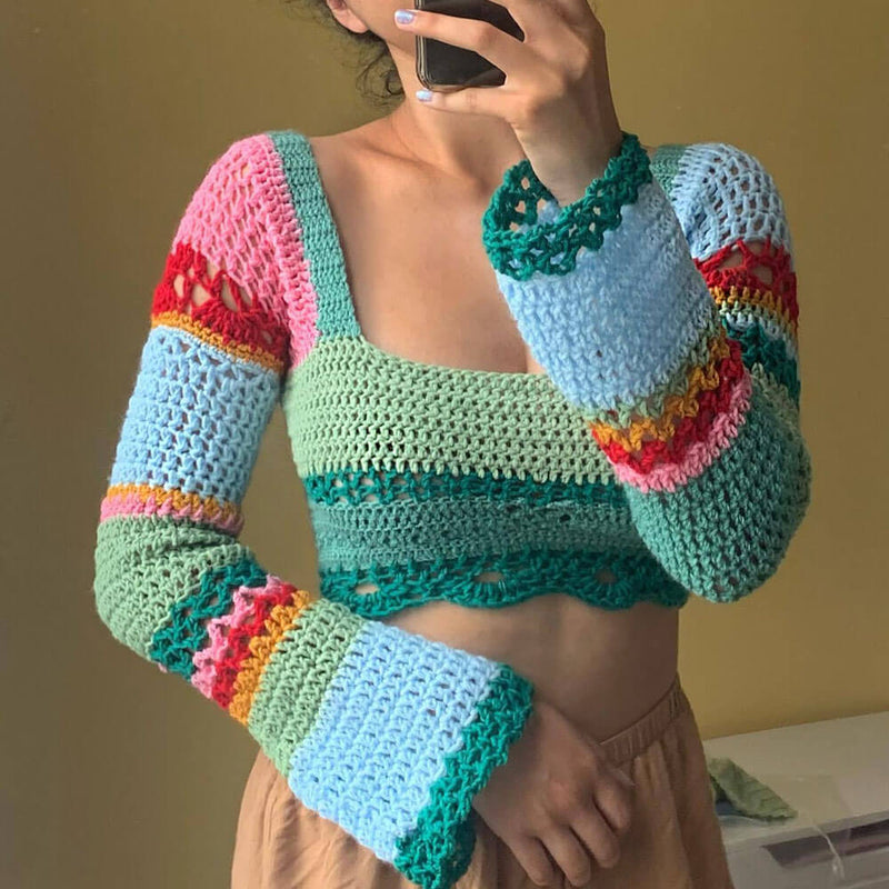 Boho Square Neck Rainbow Striped Crochet Open Knit Cropped Top