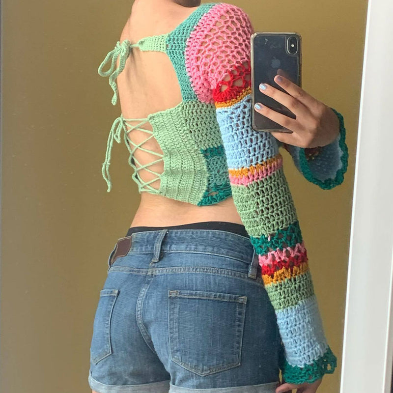 Boho Square Neck Rainbow Striped Crochet Open Knit Cropped Top