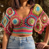 Boho V Neck Short Sleeve Multicolored Handmade Granny Square Crochet Knit Crop Top