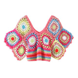 Boho V Neck Short Sleeve Multicolored Handmade Granny Square Crochet Knit Crop Top