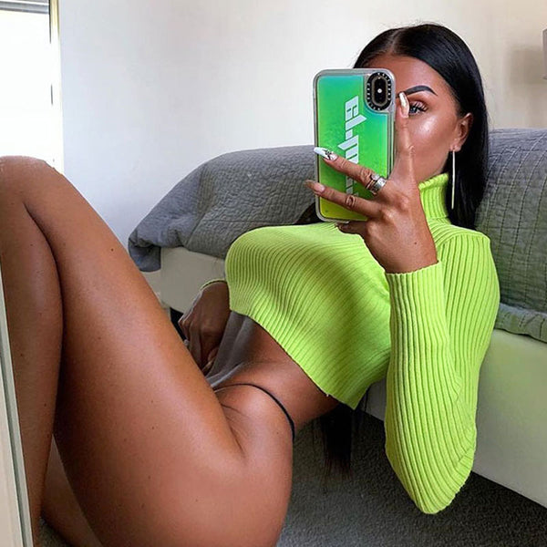 Bold Neon Green Turtleneck Long Sleeve Cropped Rib Knit Top