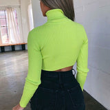 Bold Neon Green Turtleneck Long Sleeve Cropped Rib Knit Top