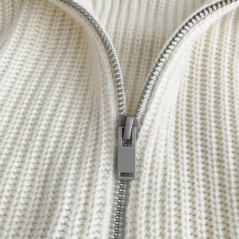 Breton Spread Collar Half Zip Black and Beige Striped Sweater