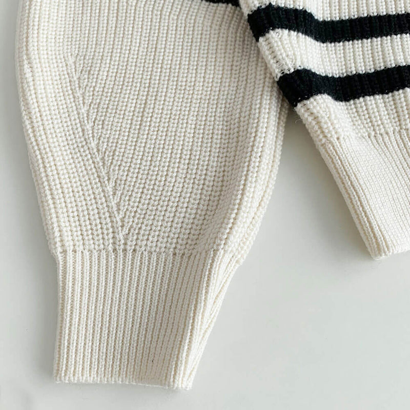 Breton Spread Collar Half Zip Black and Beige Striped Sweater