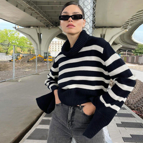 Breton Black and White Stripe Turtleneck Long Sleeve Oversized Knit Sweater
