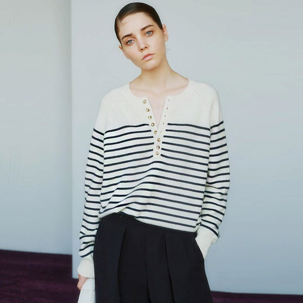 Breton Style Crew Neck Wool Blend Half Button White Striped Sweater