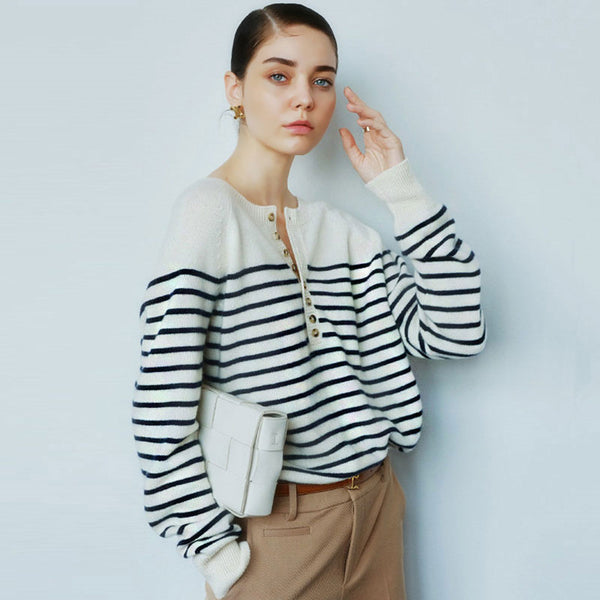 Breton Style Crew Neck Wool Blend Half Button White Striped Sweater
