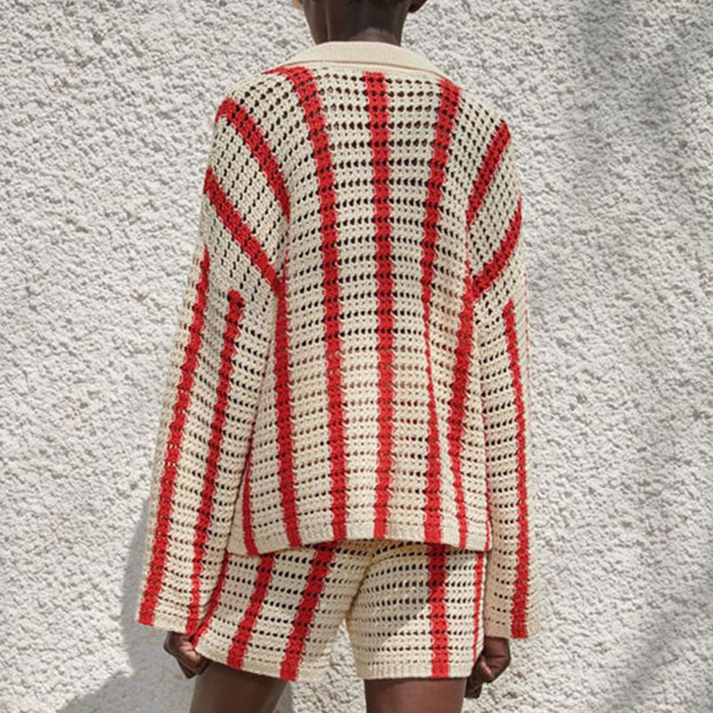 Oversized Collared Crochet Open Knit Red and White Striped Cardigan