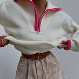 Casual Contrast Trim Spread Collar Half Zip Pullover Sweater