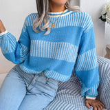 Casual Crew Neck Long Sleeve Textured Knit Striped Sweater
