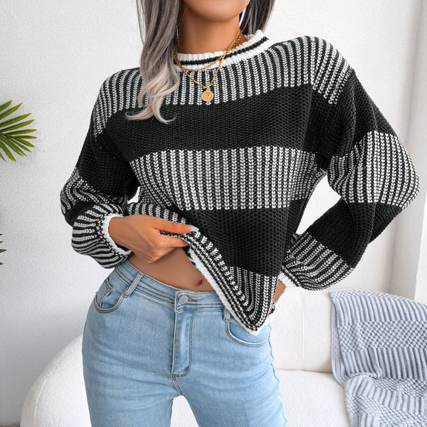 Casual Crew Neck Long Sleeve Textured Knit Striped Sweater