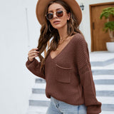 Casual Deep V Patch Pocket Rib Knit Oversized Pullover Sweater