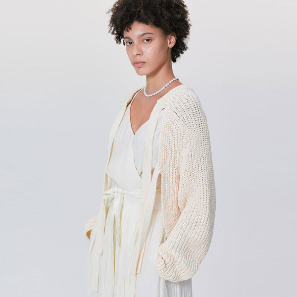 Casual Beige  Dual Strap Self Tie Textured Pointelle Knit Oversized Cardigan