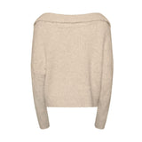 Casual Foldover Collar V Neck Drop Shoulder Apricot Pullover Cropped Sweater