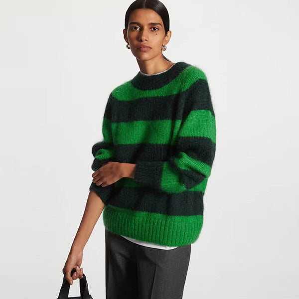 Casual Green Mohair Blend Crew Neck Tonal Striped Pullover Sweater