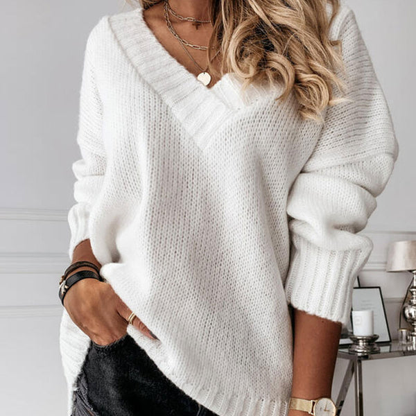 Casual Solid White Color V Neck Drop Shoulder Pullover Sweater