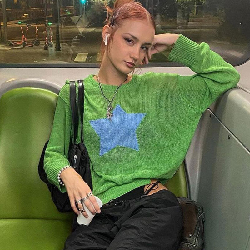 Casual Star Print Crew Neck Long Sleeve Sheer Knit Pullover Sweater