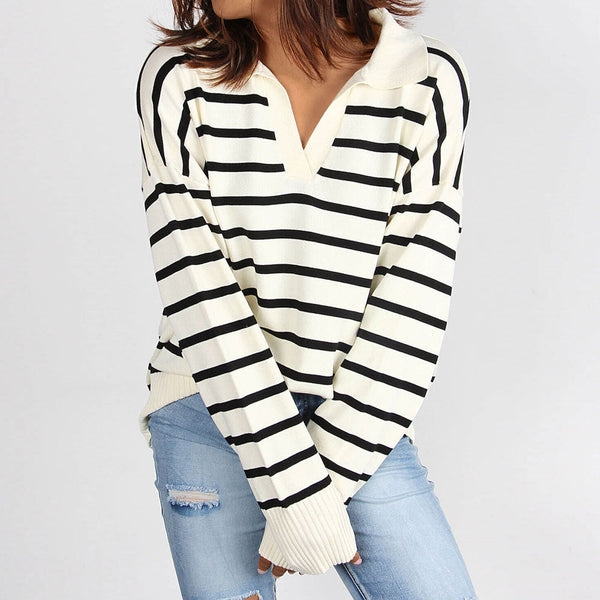Casual White Striped V Neck Long Sleeve Fold Over Collared Knit Sweater