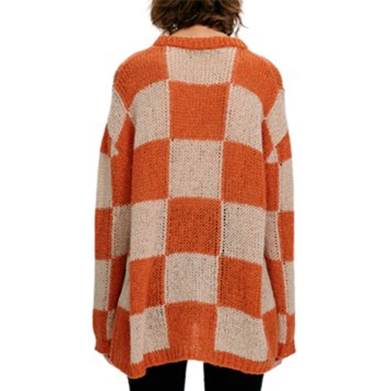 Chic Checkered Print Crew Neck Drop Shoulder Long Sleeve Orange Oversized Sweater
