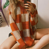 Chic Checkered Print Crew Neck Drop Shoulder Long Sleeve Orange Oversized Sweater