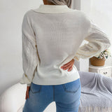 Chic Collared V Neck Long Sleeve Pullover Fisherman Sweater
