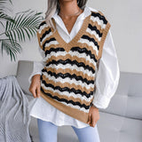 Chic Contrast Scalloped Stripe Pattern V Neck Pointelle Knit Sweater Vest