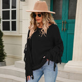 Chic Crew Neck Fringe Trim Long Sleeve Pullover Knit Sweater