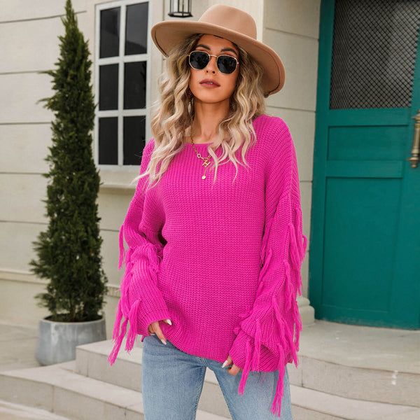 Chic Crew Neck Fringe Trim Long Sleeve Pullover Knit Sweater