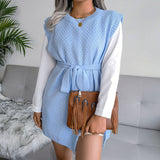 Chic Crew Neck Pullover Slit Front Pointelle Knit Belted Long Sweater Vest