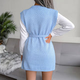 Chic Crew Neck Pullover Slit Front Pointelle Knit Belted Long Sweater Vest