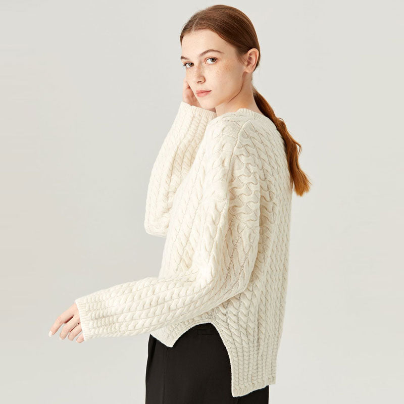 Chic Beige Crew Neck Side Slit Cashmere Blend Cable Knit High Low Sweater